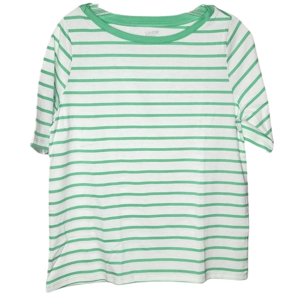 Lands' End Small Green White Striped Suprima Cotton. New